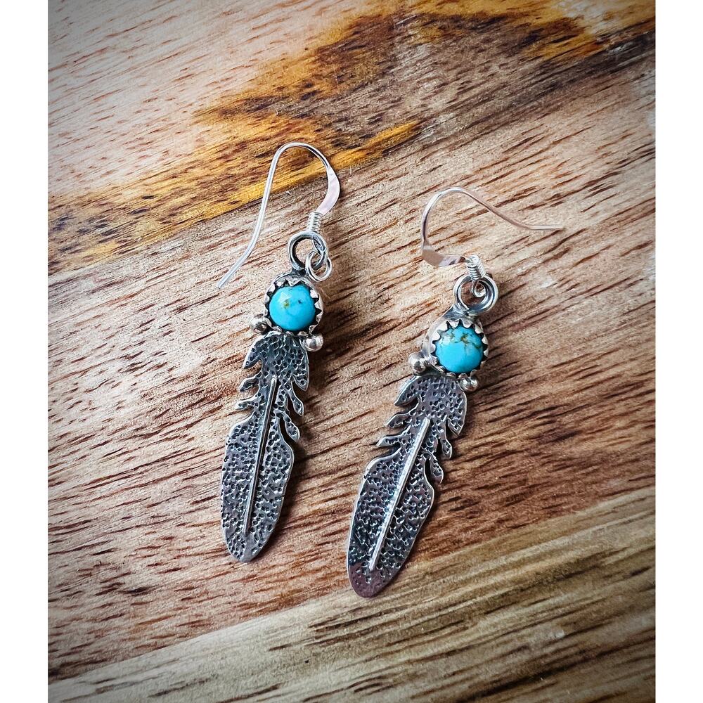 Sterling Silver Feather Earrings Turquoise Native Style 925